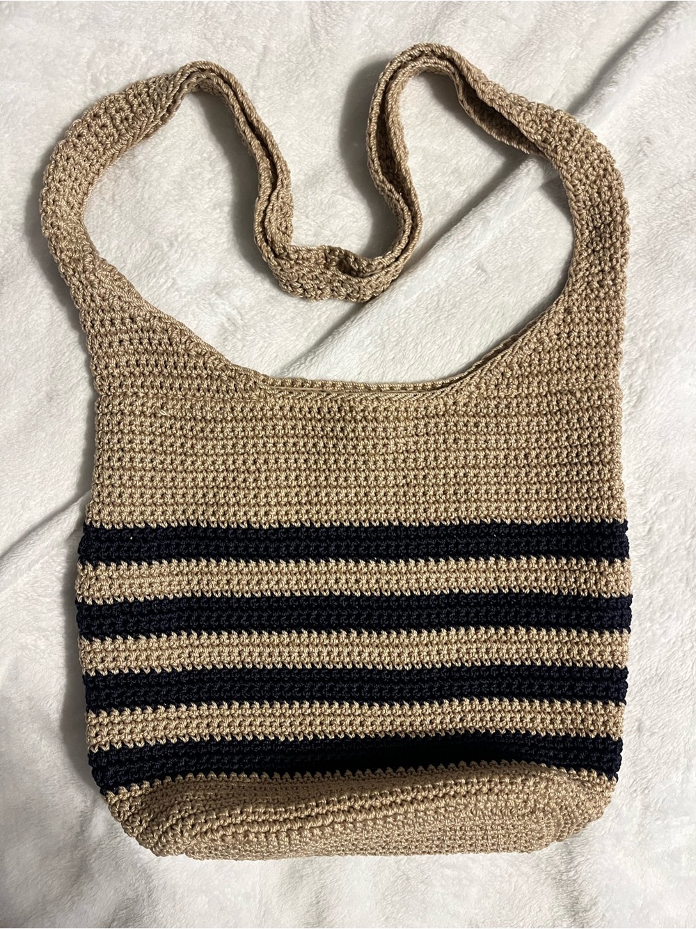 Tommy Bahama Striped Crochet Shoulder Hobo Bag Tan Navy Medium Sized Beach Fall